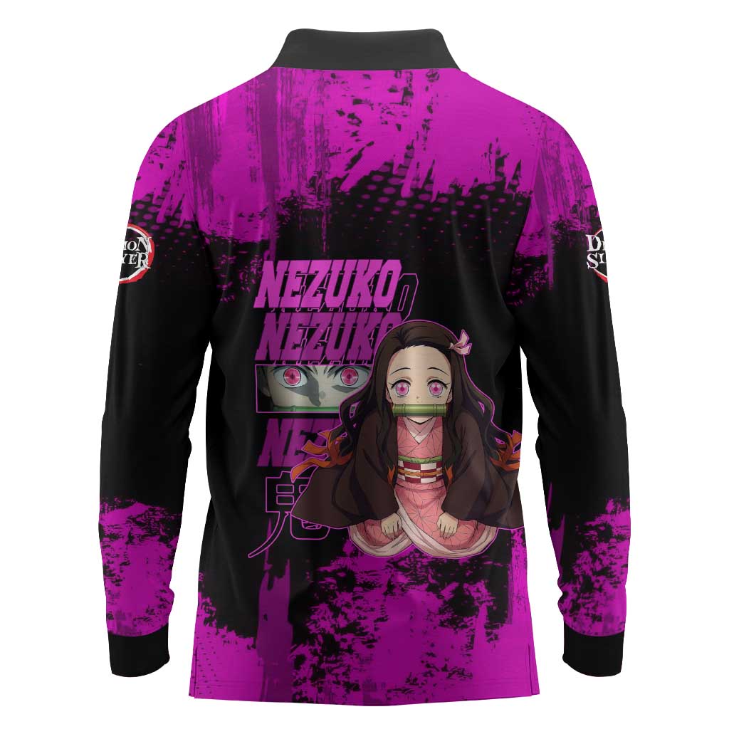 Nezuko Kamado Demon Slayer Pink Grunge Design Long Sleeve Polo Shirt with Fierce Eyes and Cute Sitting Pose - The Mazicc
