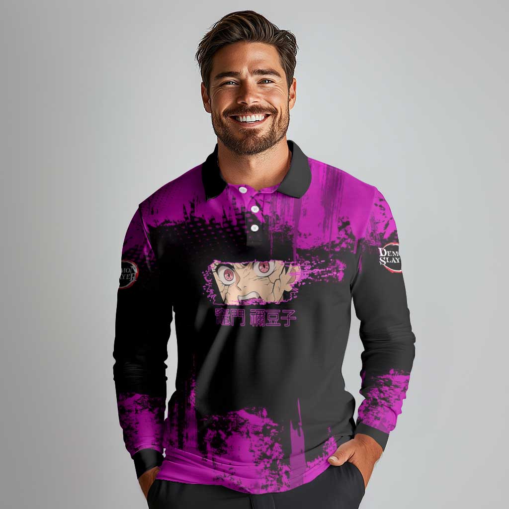 Nezuko Kamado Demon Slayer Pink Grunge Design Long Sleeve Polo Shirt with Fierce Eyes and Cute Sitting Pose - The Mazicc