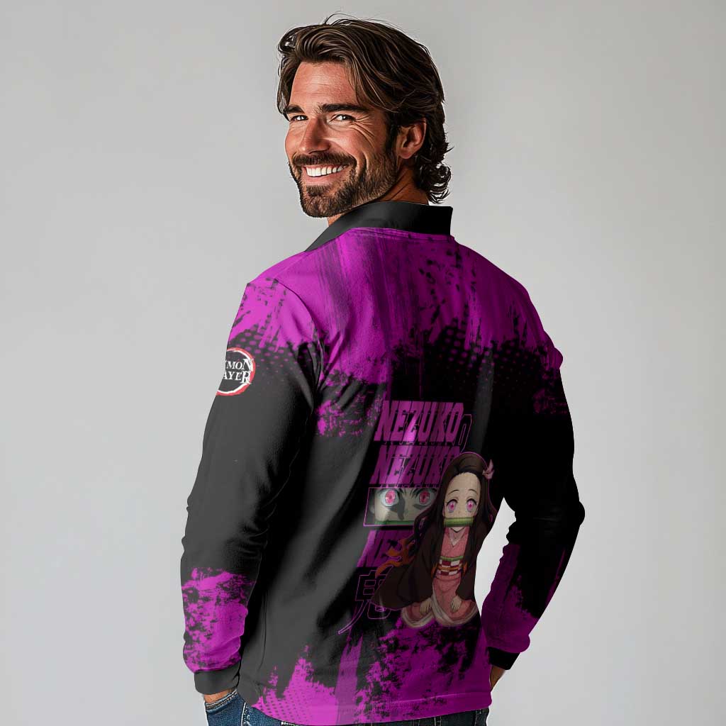 Nezuko Kamado Demon Slayer Pink Grunge Design Long Sleeve Polo Shirt with Fierce Eyes and Cute Sitting Pose - The Mazicc
