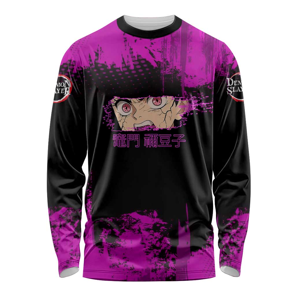 Nezuko Kamado Demon Slayer Pink Grunge Design Long Sleeve Shirt with Fierce Eyes and Cute Sitting Pose - The Mazicc