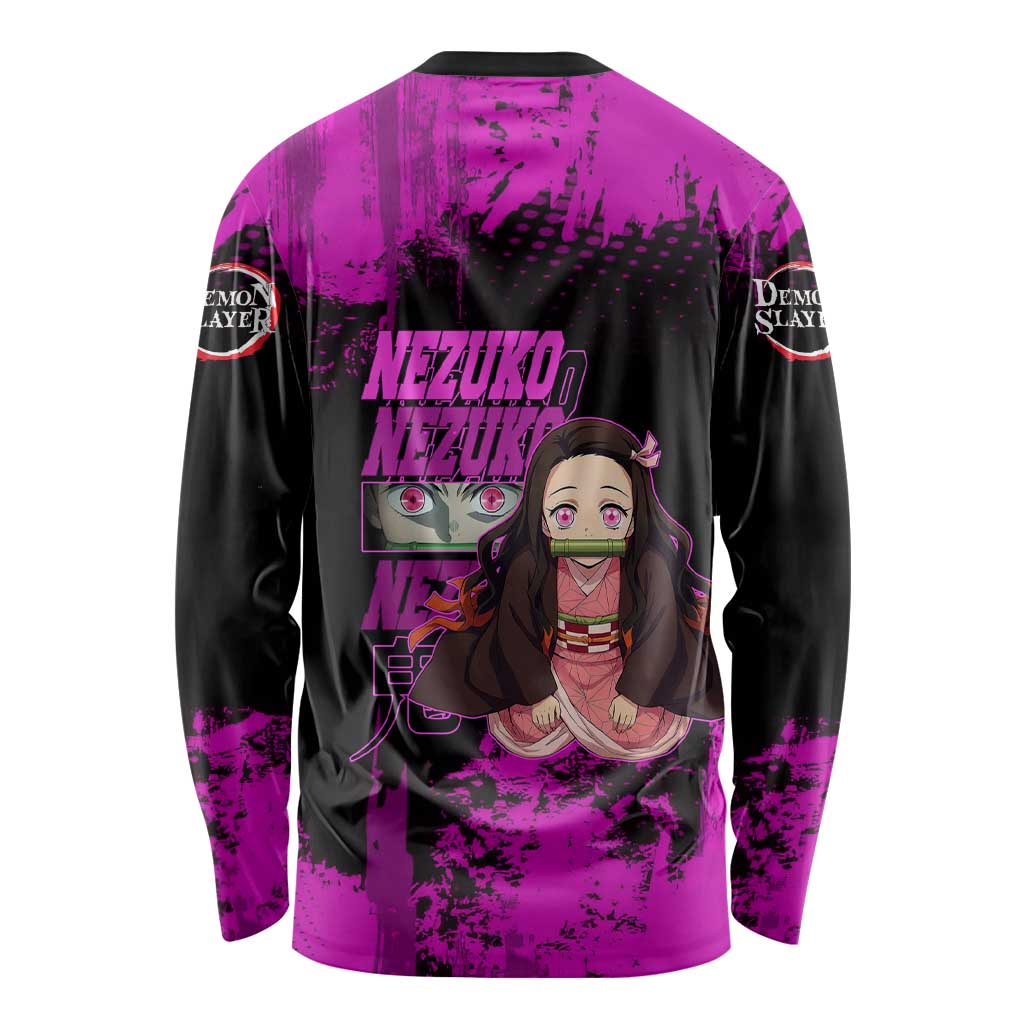 Nezuko Kamado Demon Slayer Pink Grunge Design Long Sleeve Shirt with Fierce Eyes and Cute Sitting Pose - The Mazicc