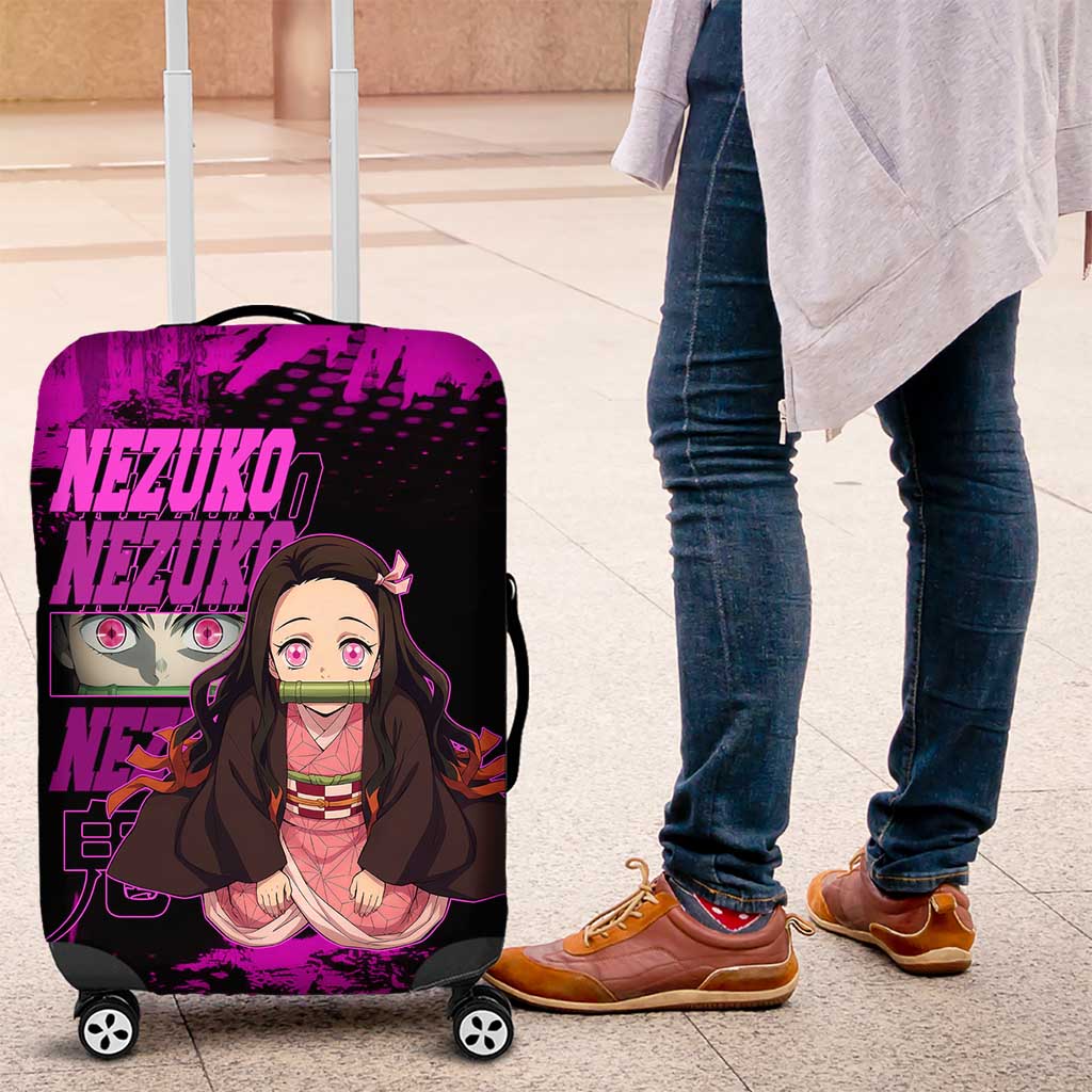 Nezuko Kamado Demon Slayer Pink Grunge Design Luggage Cover with Fierce Eyes and Cute Sitting Pose - The Mazicc