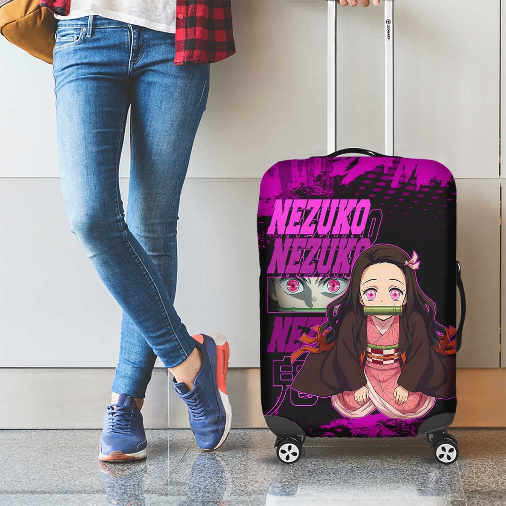 Nezuko Kamado Demon Slayer Pink Grunge Design Luggage Cover with Fierce Eyes and Cute Sitting Pose - The Mazicc