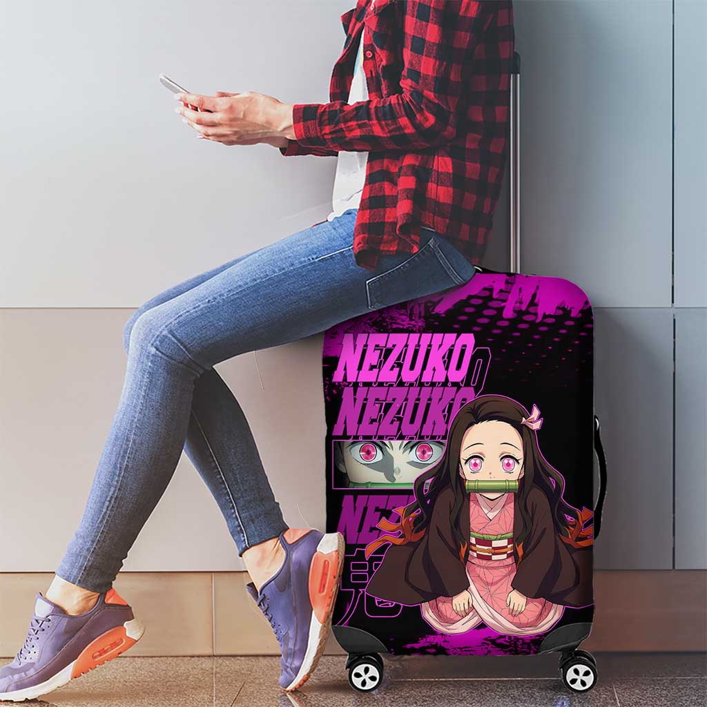 Nezuko Kamado Demon Slayer Pink Grunge Design Luggage Cover with Fierce Eyes and Cute Sitting Pose - The Mazicc
