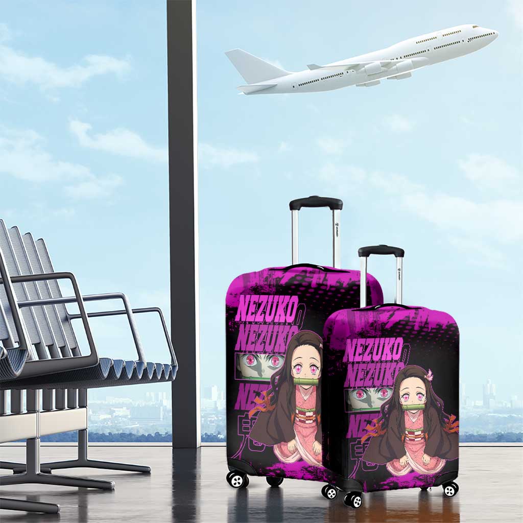 Nezuko Kamado Demon Slayer Pink Grunge Design Luggage Cover with Fierce Eyes and Cute Sitting Pose - The Mazicc