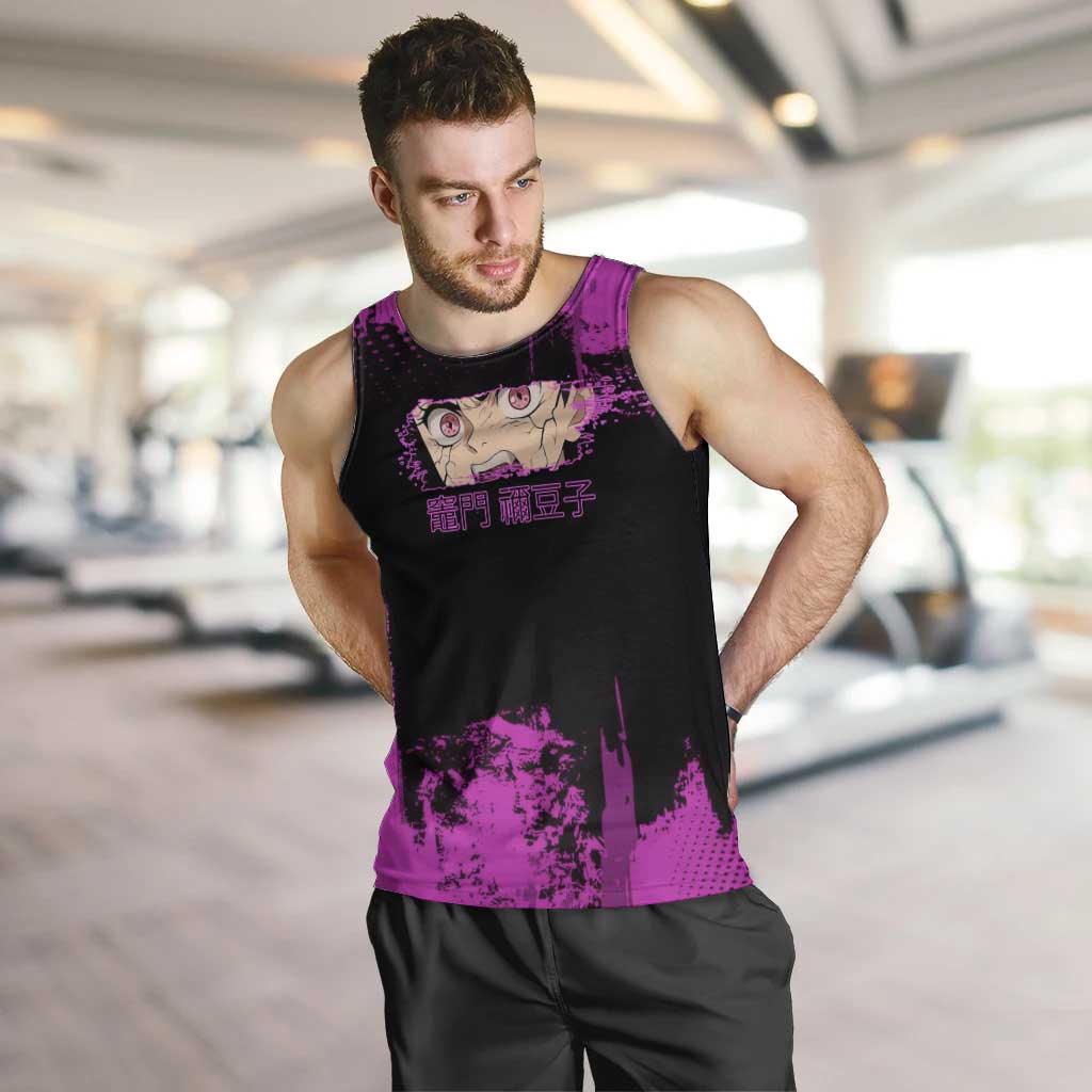 Nezuko Kamado Demon Slayer Pink Grunge Design Men Tank Top with Fierce Eyes and Cute Sitting Pose - The Mazicc
