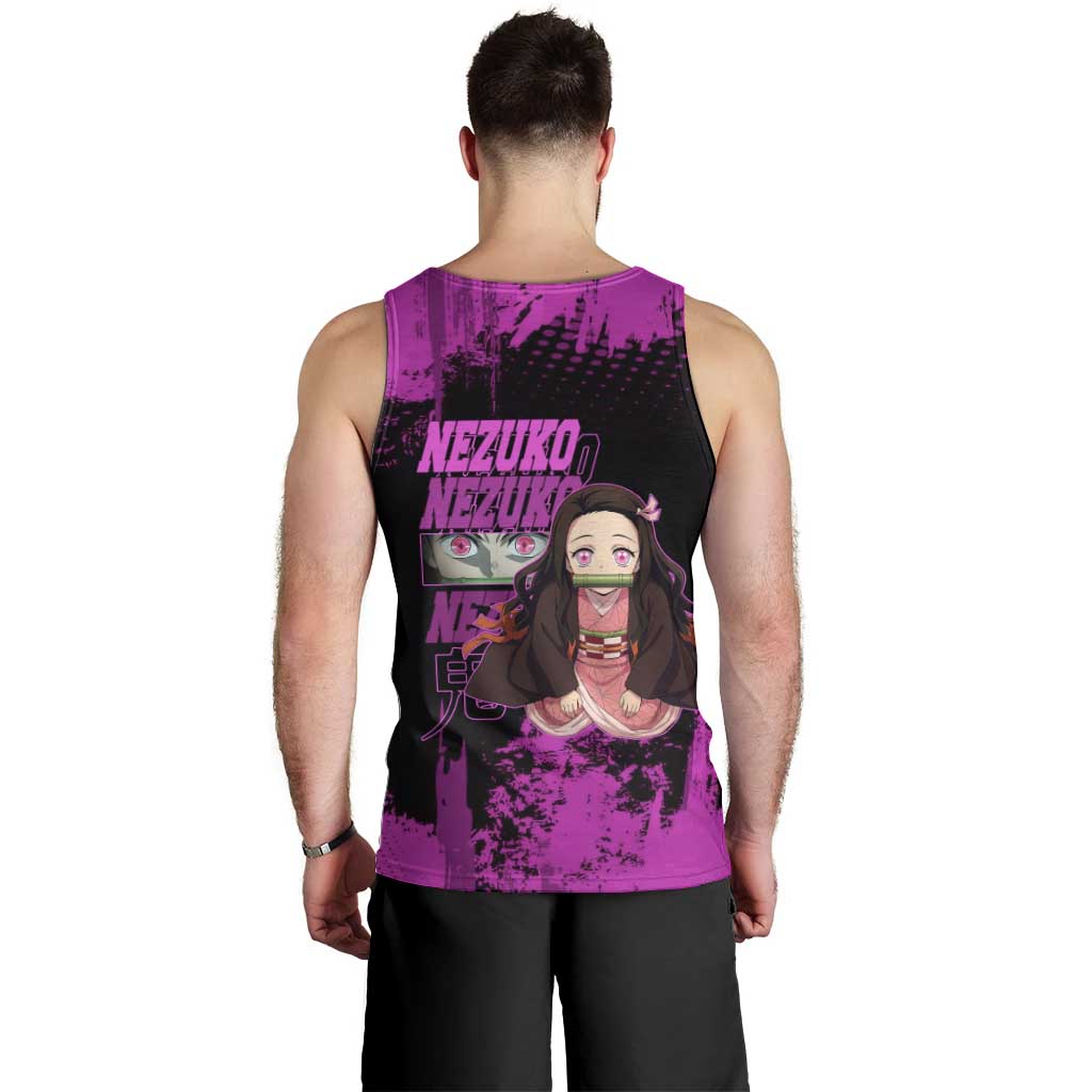 Nezuko Kamado Demon Slayer Pink Grunge Design Men Tank Top with Fierce Eyes and Cute Sitting Pose - The Mazicc