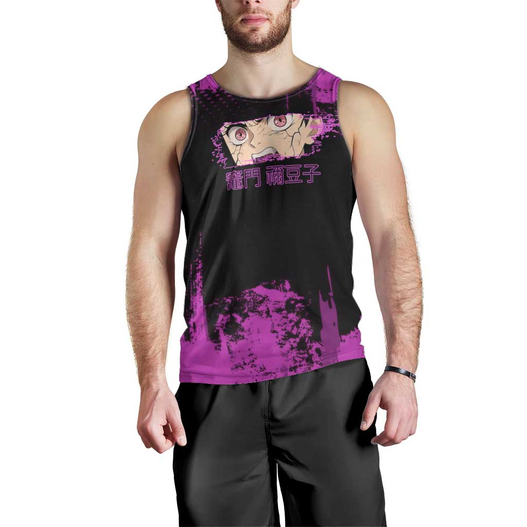 Nezuko Kamado Demon Slayer Pink Grunge Design Men Tank Top with Fierce Eyes and Cute Sitting Pose - The Mazicc
