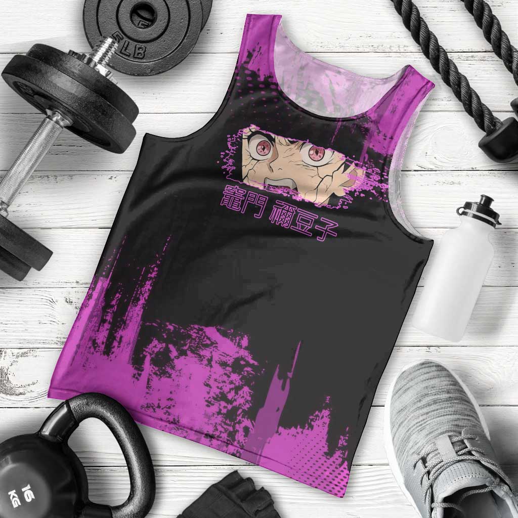 Nezuko Kamado Demon Slayer Pink Grunge Design Men Tank Top with Fierce Eyes and Cute Sitting Pose - The Mazicc