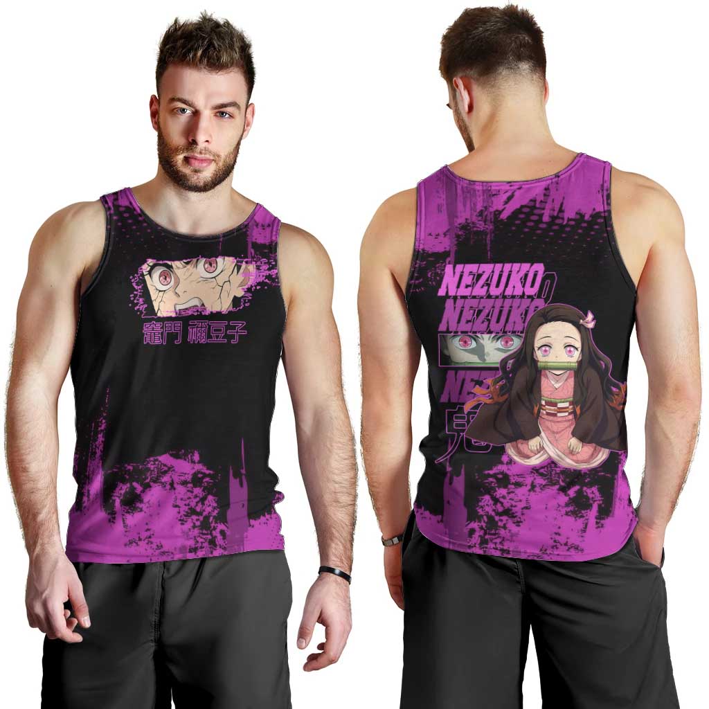 Nezuko Kamado Demon Slayer Pink Grunge Design Men Tank Top with Fierce Eyes and Cute Sitting Pose - The Mazicc