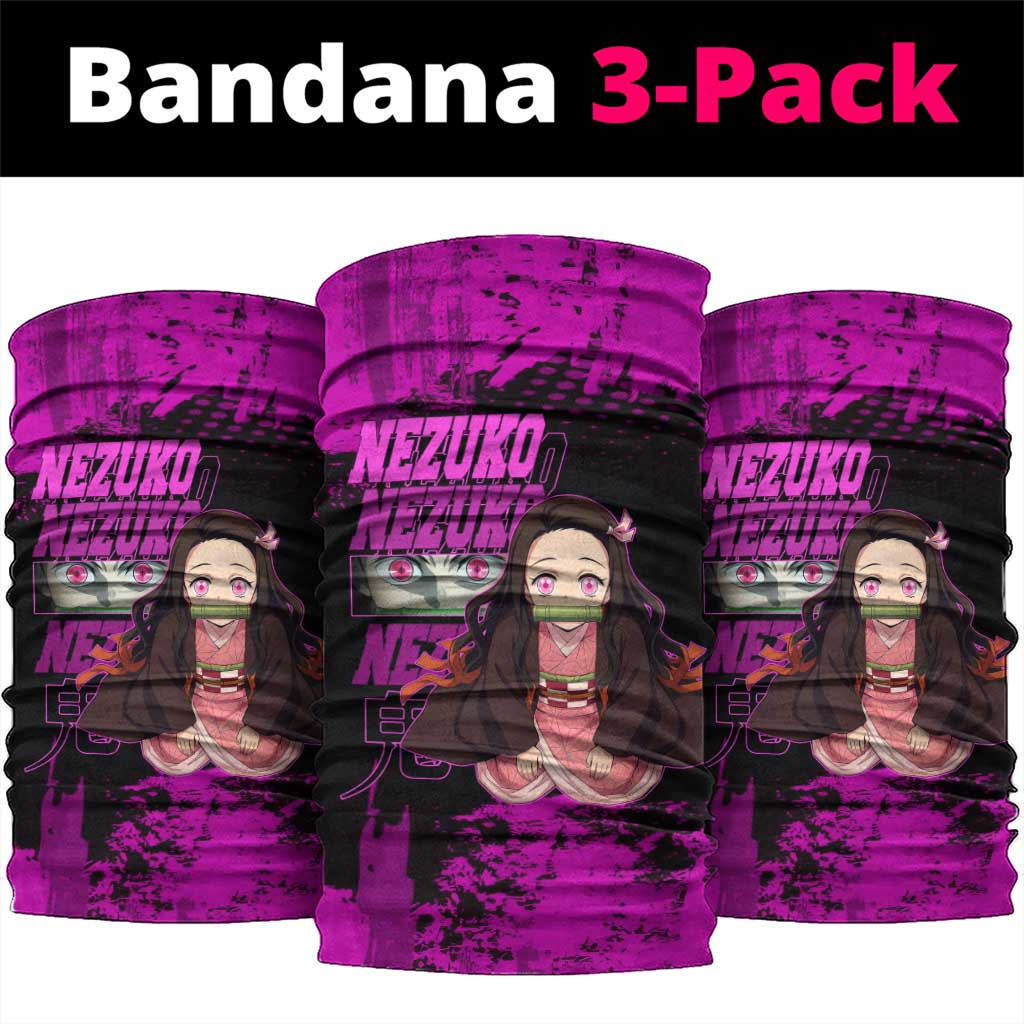 Nezuko Kamado Demon Slayer Pink Grunge Design Neck Gaiter with Fierce Eyes and Cute Sitting Pose - The Mazicc