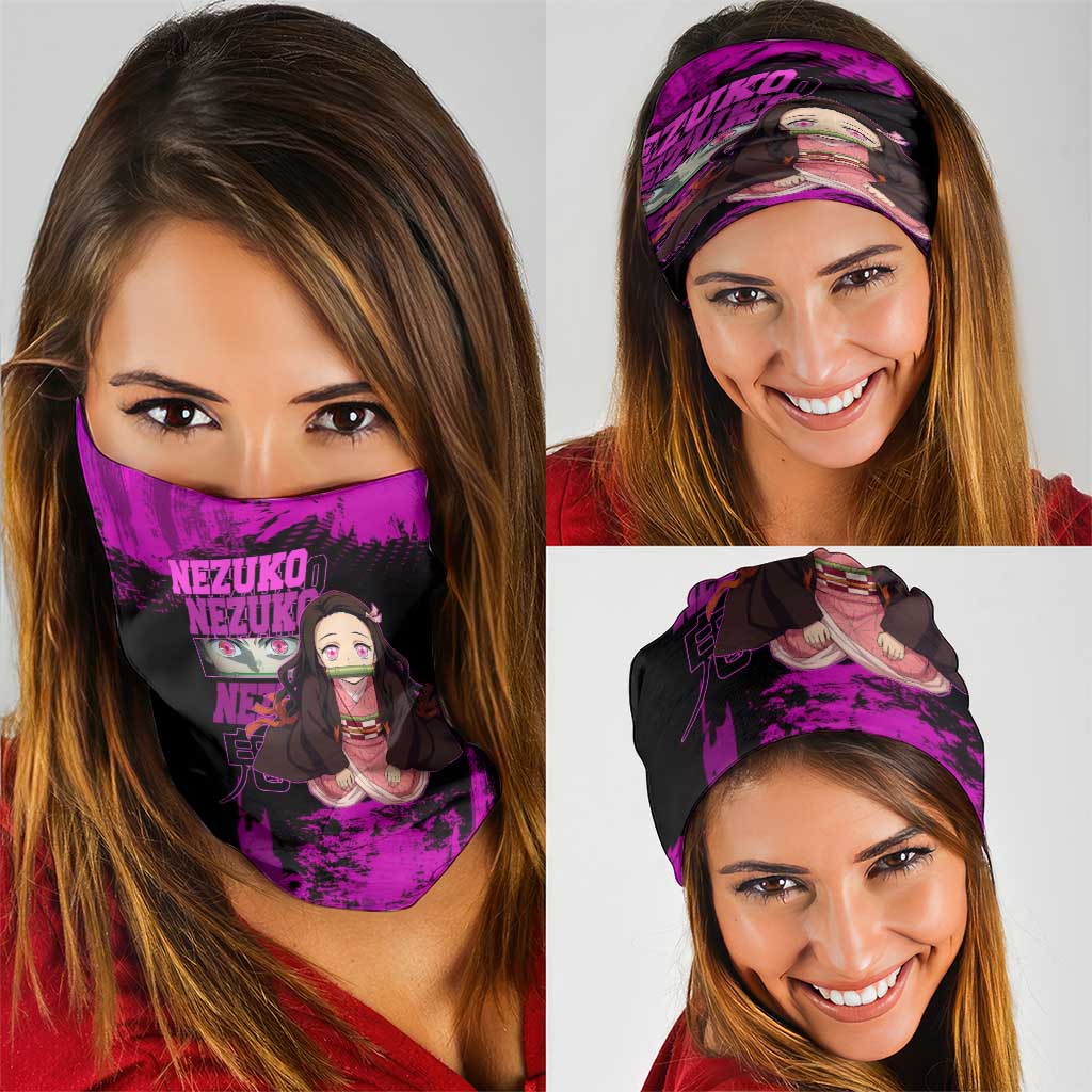 Nezuko Kamado Demon Slayer Pink Grunge Design Neck Gaiter with Fierce Eyes and Cute Sitting Pose - The Mazicc