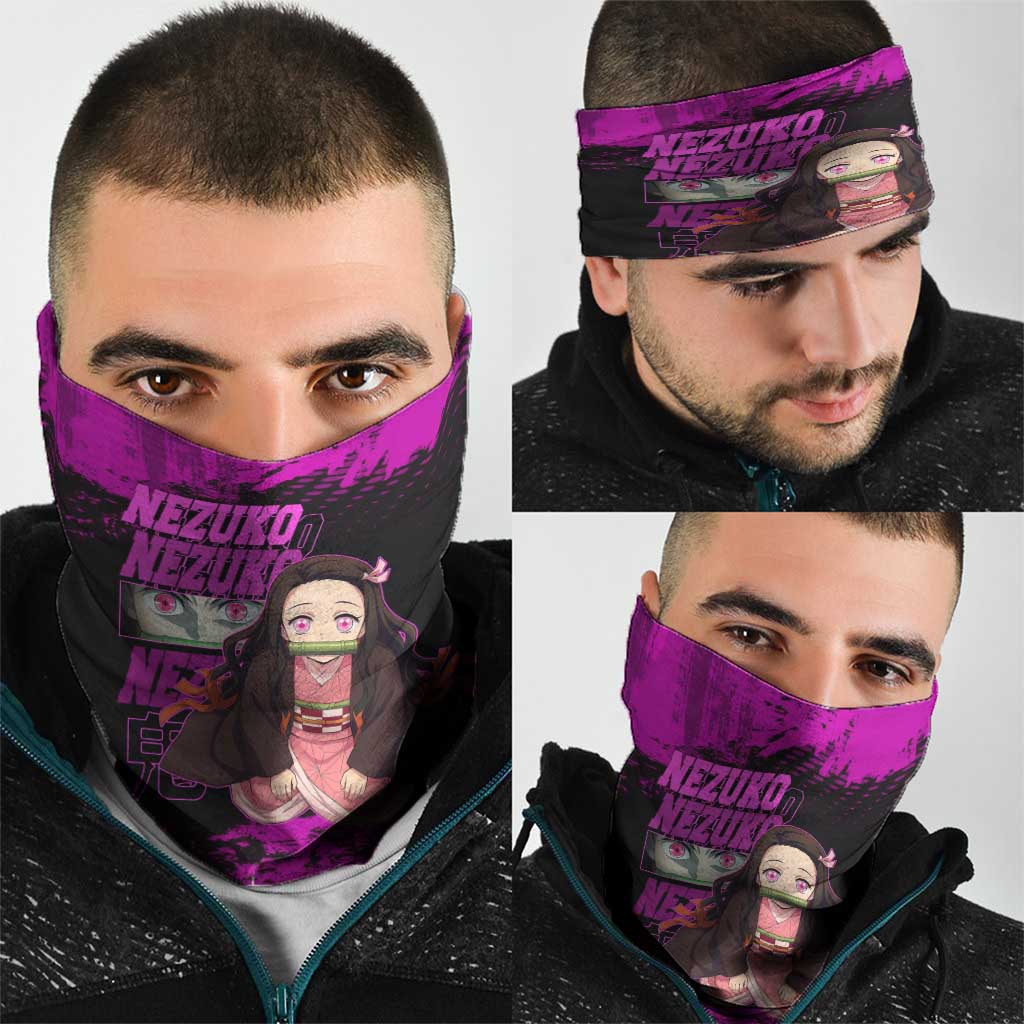Nezuko Kamado Demon Slayer Pink Grunge Design Neck Gaiter with Fierce Eyes and Cute Sitting Pose - The Mazicc