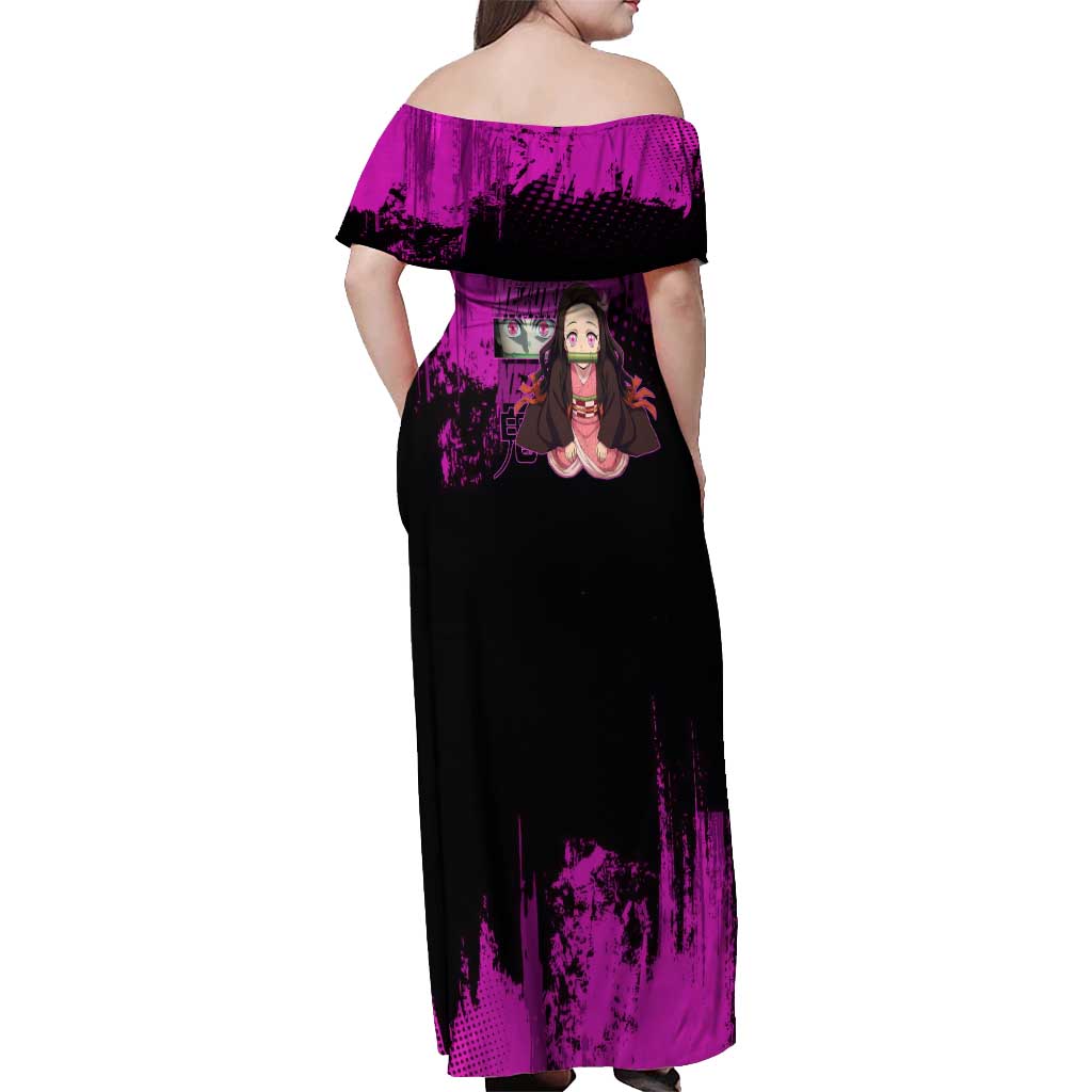 Nezuko Kamado Demon Slayer Pink Grunge Design Off Shoulder Maxi Dress with Fierce Eyes and Cute Sitting Pose - The Mazicc