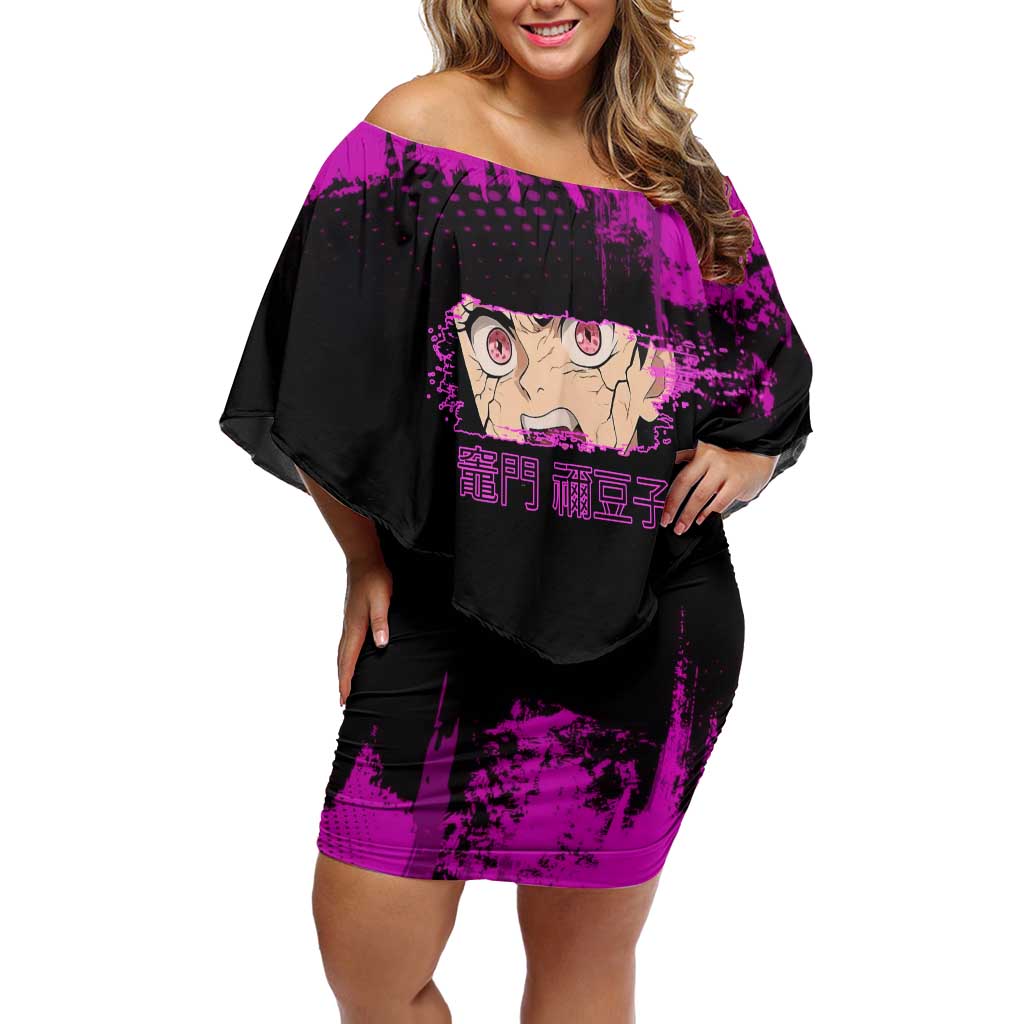 Nezuko Kamado Demon Slayer Pink Grunge Design Off Shoulder Short Dress with Fierce Eyes and Cute Sitting Pose - The Mazicc