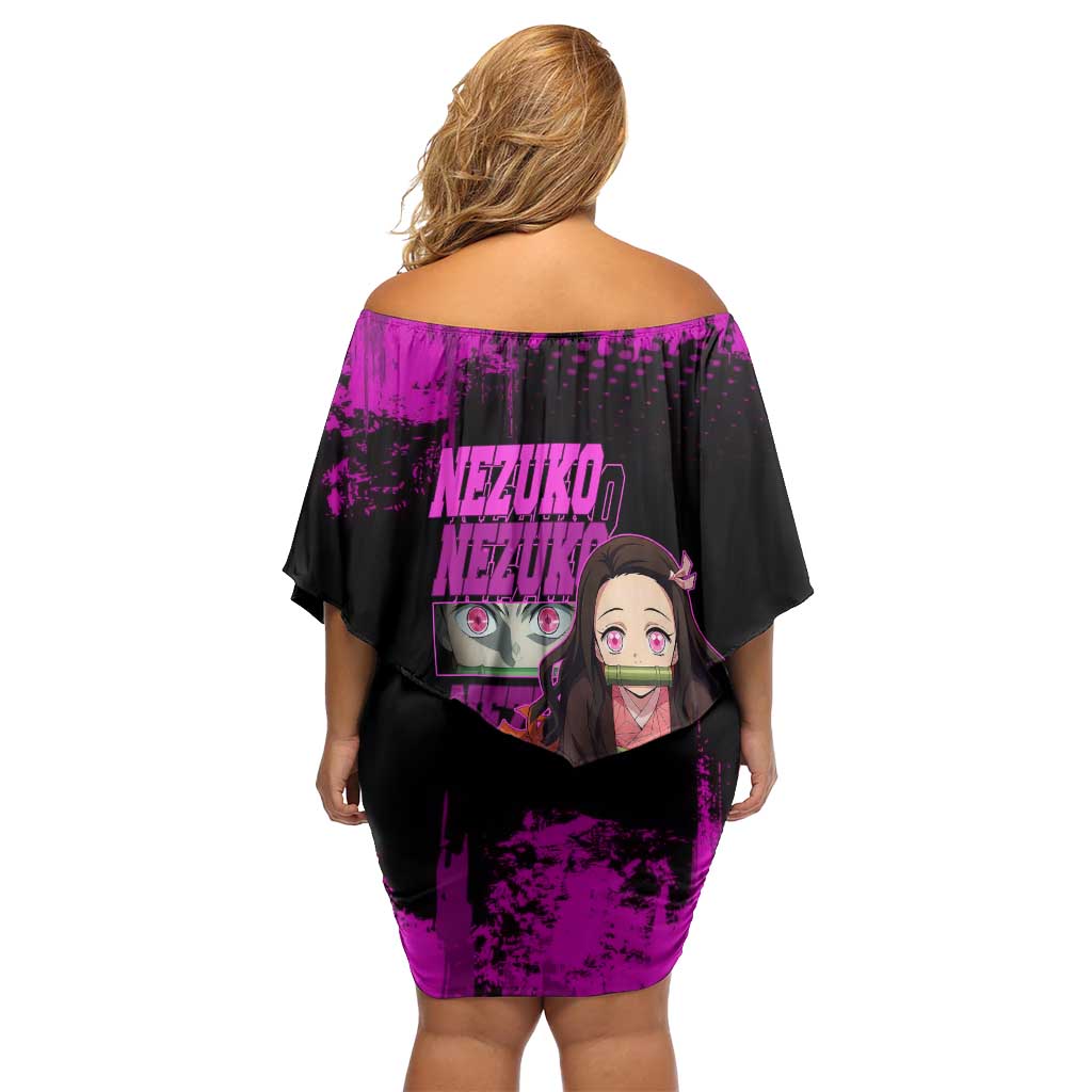 Nezuko Kamado Demon Slayer Pink Grunge Design Off Shoulder Short Dress with Fierce Eyes and Cute Sitting Pose - The Mazicc