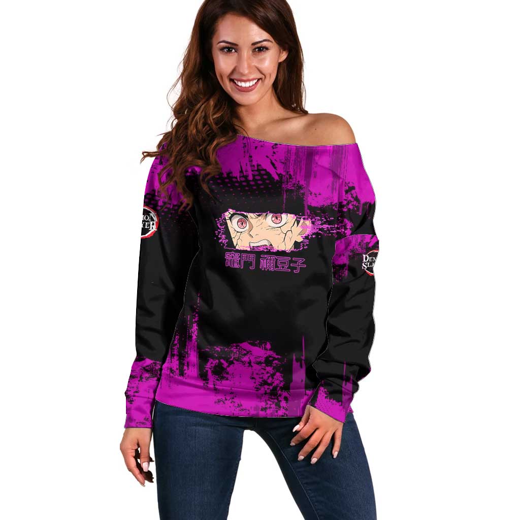Nezuko Kamado Demon Slayer Pink Grunge Design Off Shoulder Sweater with Fierce Eyes and Cute Sitting Pose - The Mazicc
