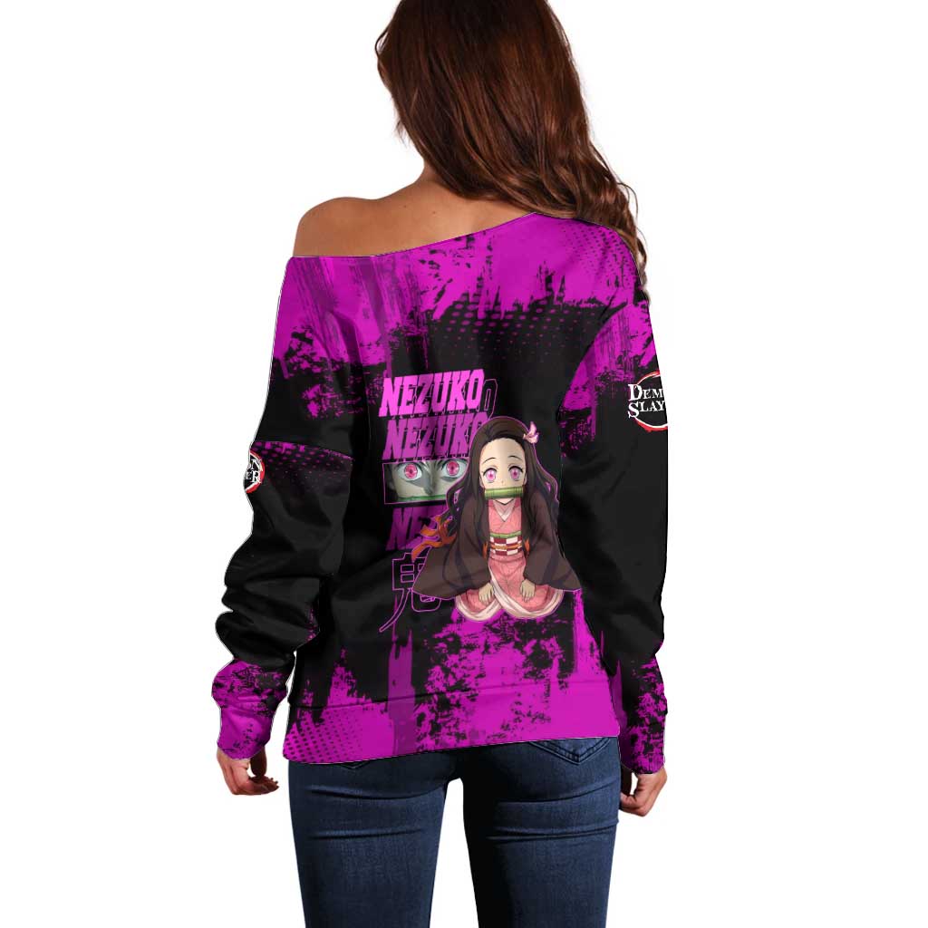 Nezuko Kamado Demon Slayer Pink Grunge Design Off Shoulder Sweater with Fierce Eyes and Cute Sitting Pose - The Mazicc