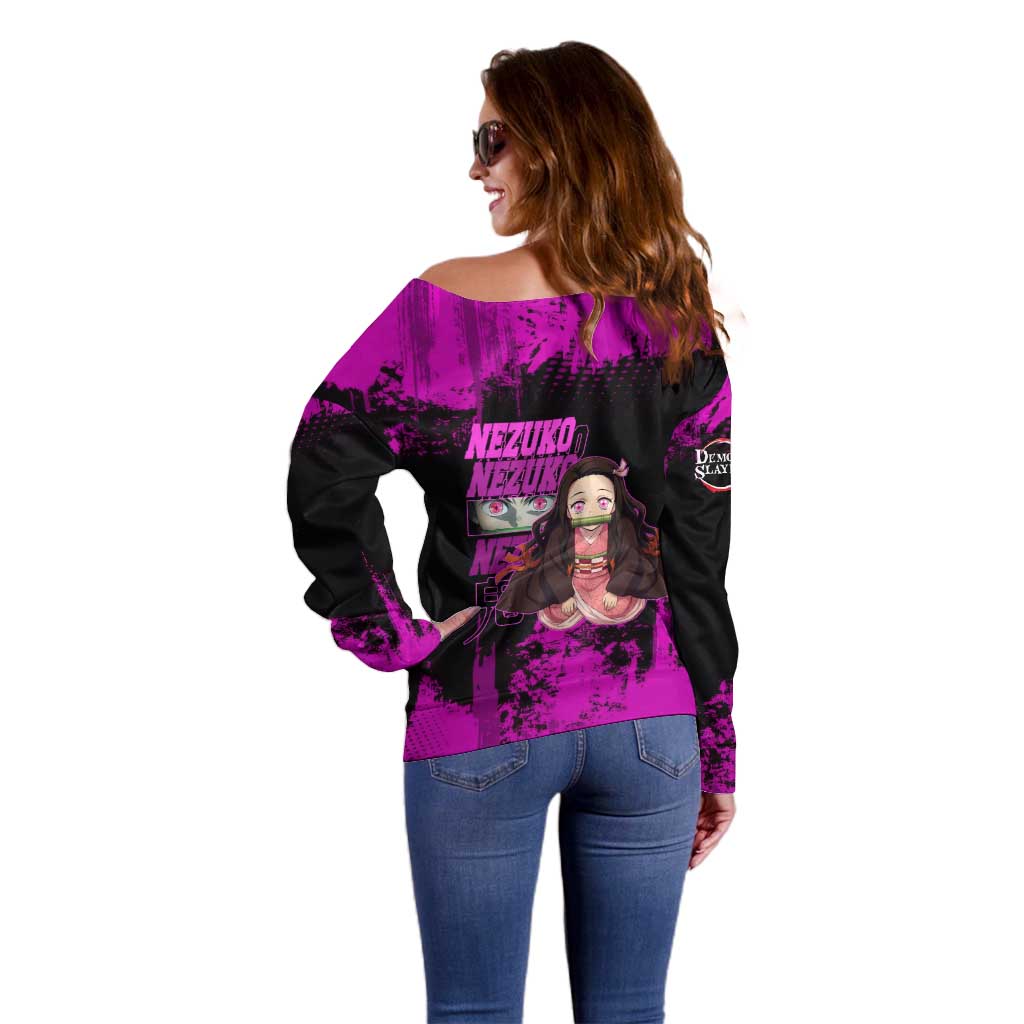 Nezuko Kamado Demon Slayer Pink Grunge Design Off Shoulder Sweater with Fierce Eyes and Cute Sitting Pose - The Mazicc