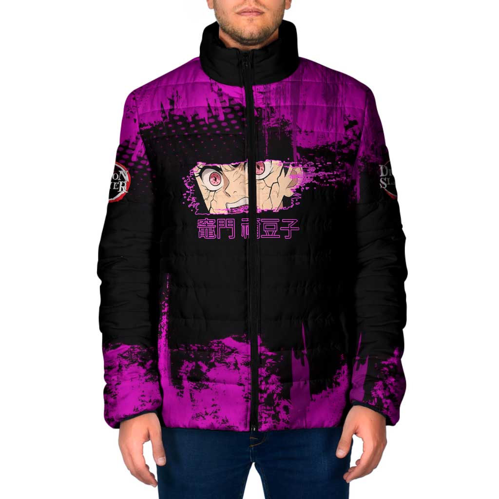 Nezuko Kamado Demon Slayer Pink Grunge Design Padded Jacket with Fierce Eyes and Cute Sitting Pose - The Mazicc