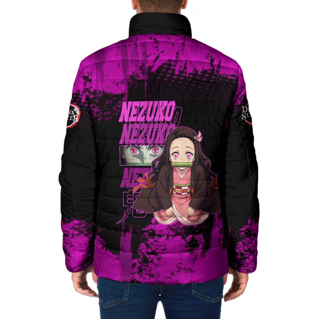 Nezuko Kamado Demon Slayer Pink Grunge Design Padded Jacket with Fierce Eyes and Cute Sitting Pose - The Mazicc