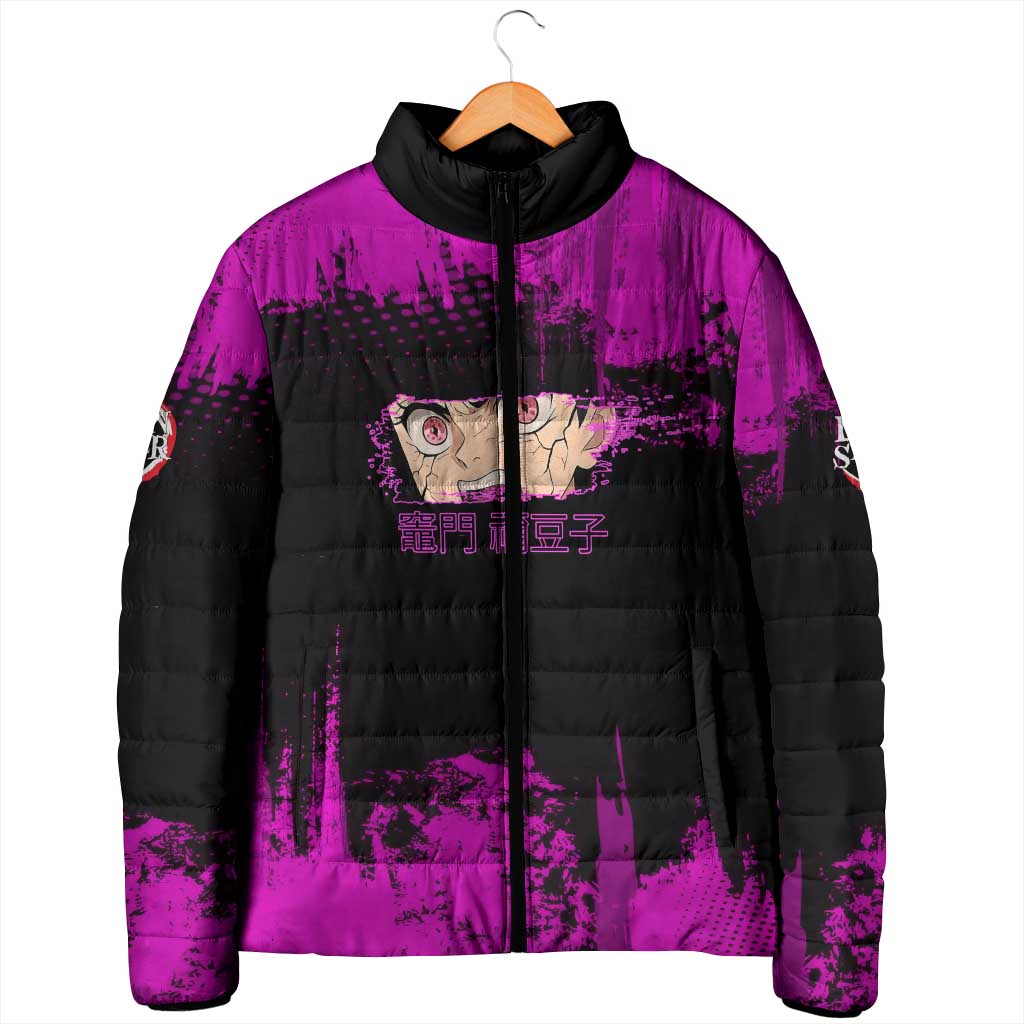 Nezuko Kamado Demon Slayer Pink Grunge Design Padded Jacket with Fierce Eyes and Cute Sitting Pose - The Mazicc