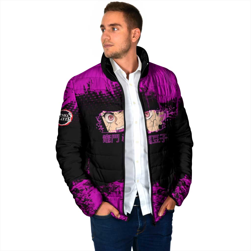 Nezuko Kamado Demon Slayer Pink Grunge Design Padded Jacket with Fierce Eyes and Cute Sitting Pose - The Mazicc