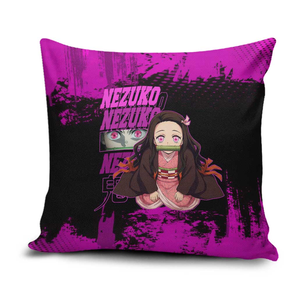 Nezuko Kamado Demon Slayer Pink Grunge Design Pillow Cover with Fierce Eyes and Cute Sitting Pose - The Mazicc