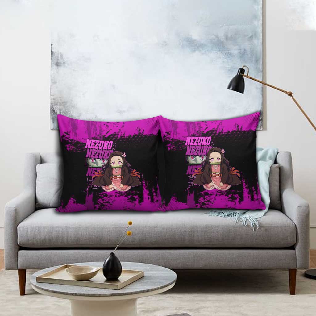 Nezuko Kamado Demon Slayer Pink Grunge Design Pillow Cover with Fierce Eyes and Cute Sitting Pose - The Mazicc