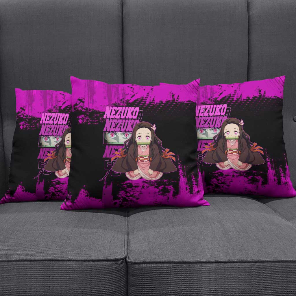 Nezuko Kamado Demon Slayer Pink Grunge Design Pillow Cover with Fierce Eyes and Cute Sitting Pose - The Mazicc