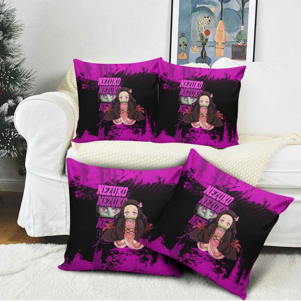 Nezuko Kamado Demon Slayer Pink Grunge Design Pillow Cover with Fierce Eyes and Cute Sitting Pose - The Mazicc