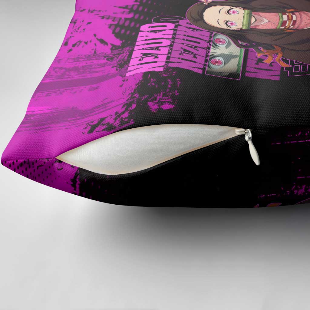Nezuko Kamado Demon Slayer Pink Grunge Design Pillow Cover with Fierce Eyes and Cute Sitting Pose - The Mazicc