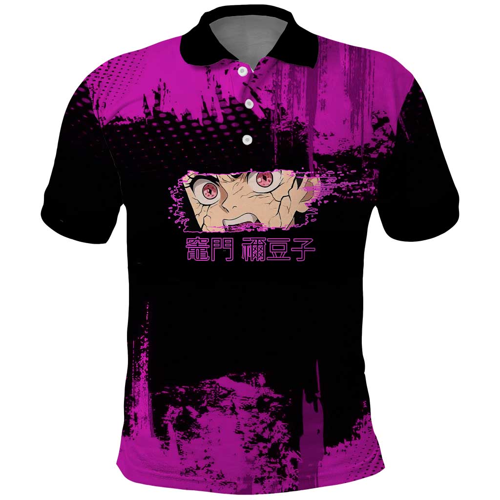 Nezuko Kamado Demon Slayer Pink Grunge Design Polo Shirt with Fierce Eyes and Cute Sitting Pose - The Mazicc