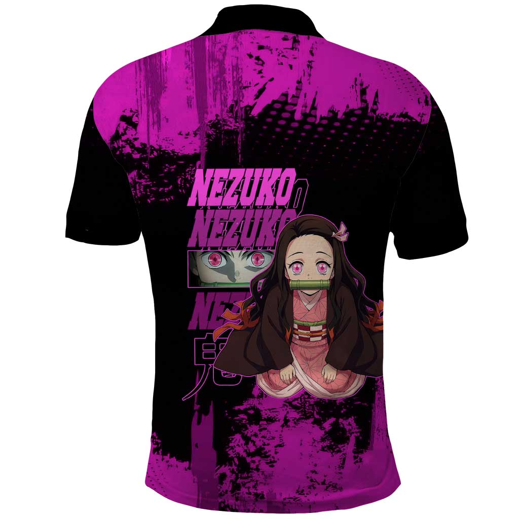 Nezuko Kamado Demon Slayer Pink Grunge Design Polo Shirt with Fierce Eyes and Cute Sitting Pose - The Mazicc