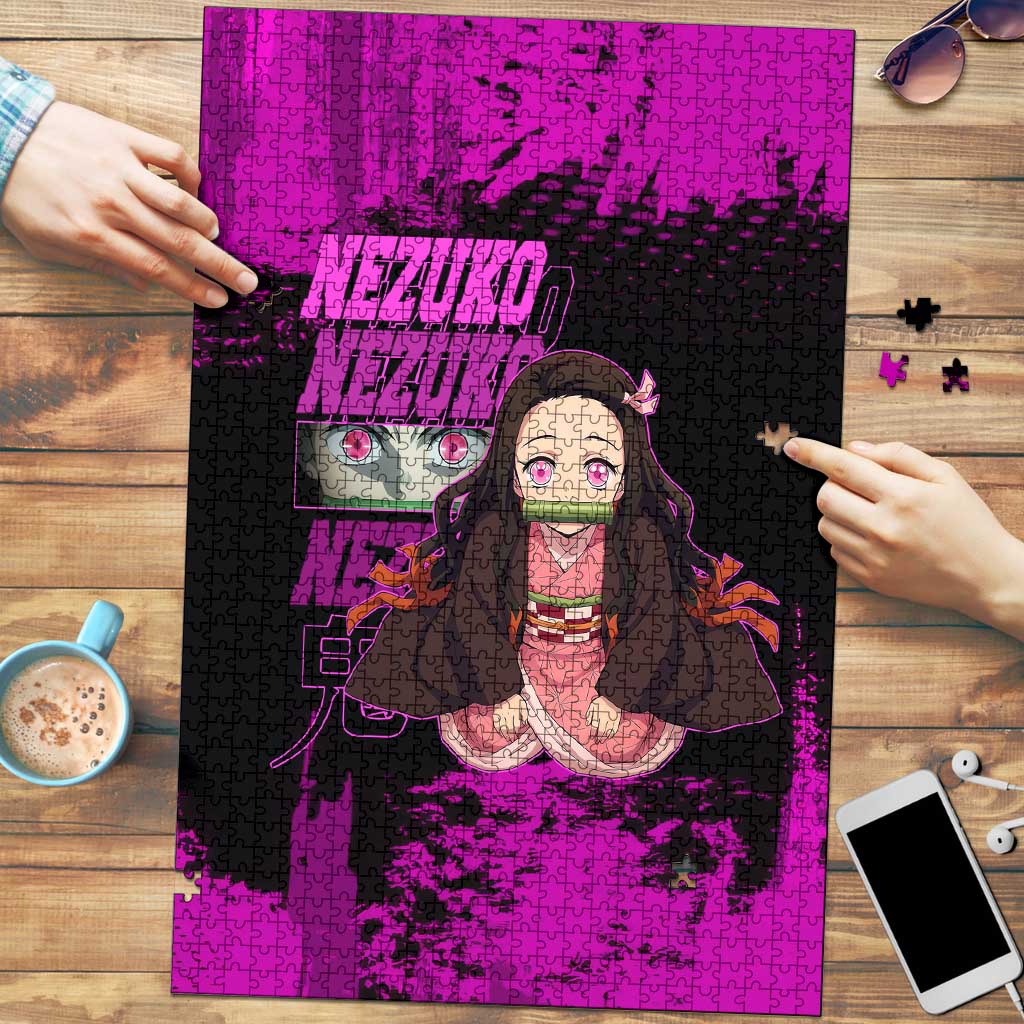 Nezuko Kamado Demon Slayer Pink Grunge Design Puzzle with Fierce Eyes and Cute Sitting Pose - The Mazicc