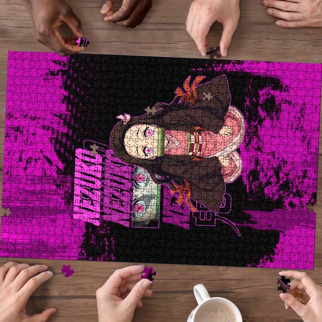Nezuko Kamado Demon Slayer Pink Grunge Design Puzzle with Fierce Eyes and Cute Sitting Pose - The Mazicc