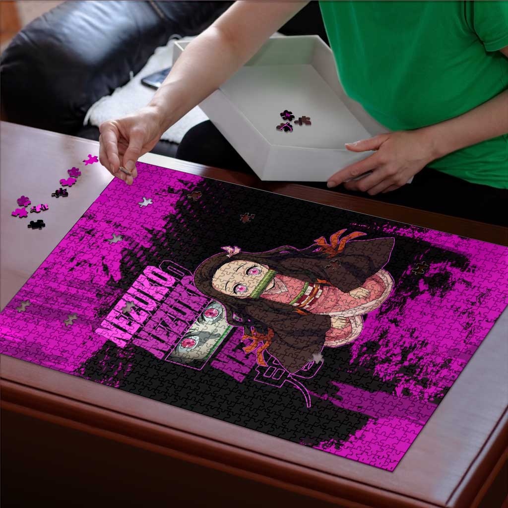 Nezuko Kamado Demon Slayer Pink Grunge Design Puzzle with Fierce Eyes and Cute Sitting Pose - The Mazicc