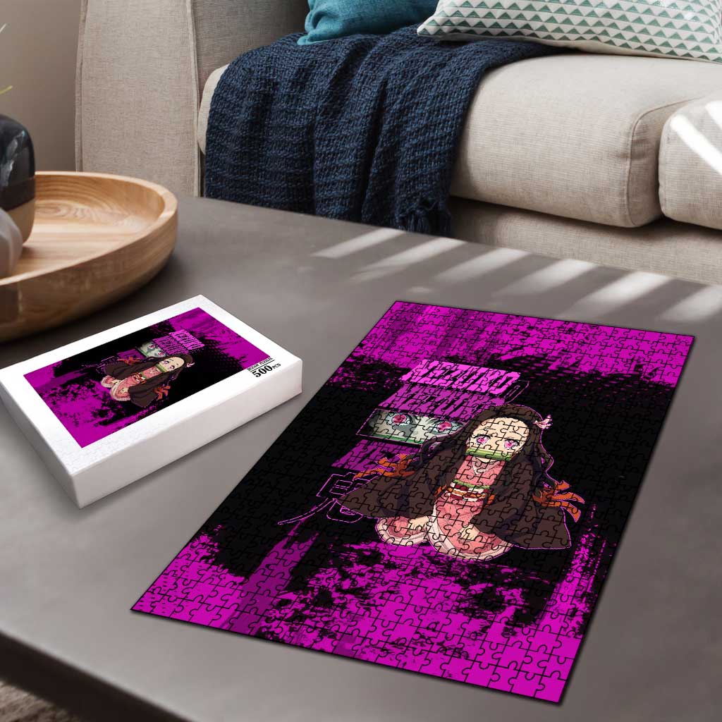 Nezuko Kamado Demon Slayer Pink Grunge Design Puzzle with Fierce Eyes and Cute Sitting Pose - The Mazicc