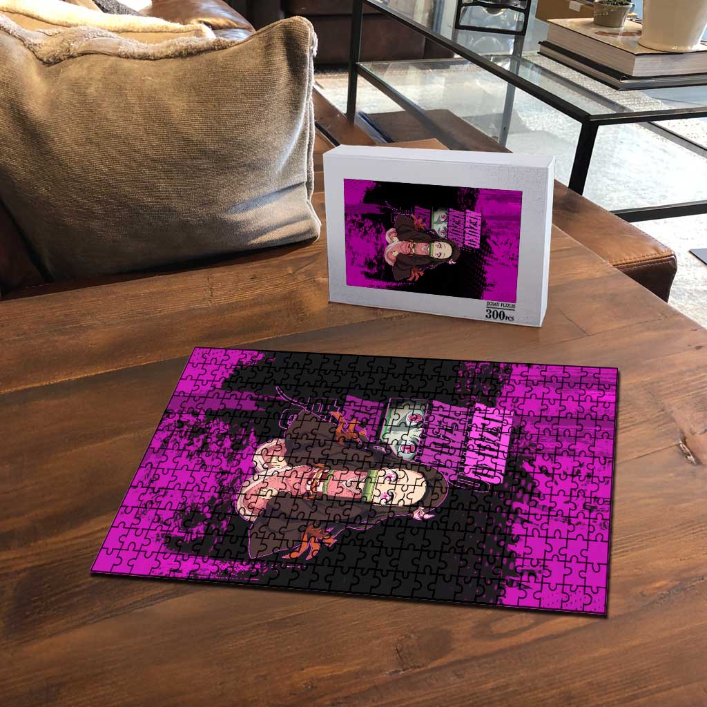 Nezuko Kamado Demon Slayer Pink Grunge Design Puzzle with Fierce Eyes and Cute Sitting Pose - The Mazicc