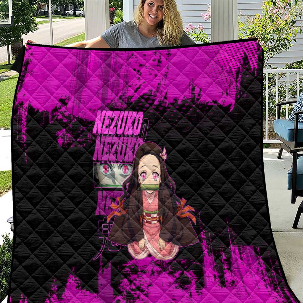 Nezuko Kamado Demon Slayer Pink Grunge Design Quilt with Fierce Eyes and Cute Sitting Pose - The Mazicc