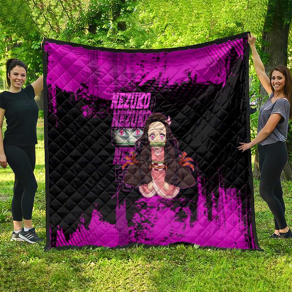 Nezuko Kamado Demon Slayer Pink Grunge Design Quilt with Fierce Eyes and Cute Sitting Pose - The Mazicc