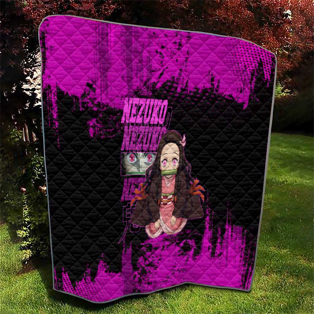 Nezuko Kamado Demon Slayer Pink Grunge Design Quilt with Fierce Eyes and Cute Sitting Pose - The Mazicc
