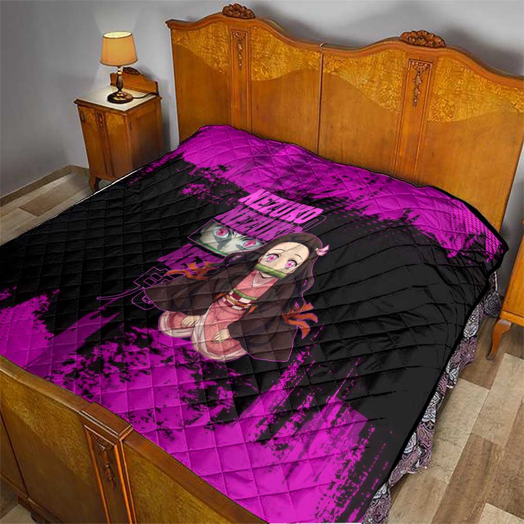Nezuko Kamado Demon Slayer Pink Grunge Design Quilt with Fierce Eyes and Cute Sitting Pose - The Mazicc