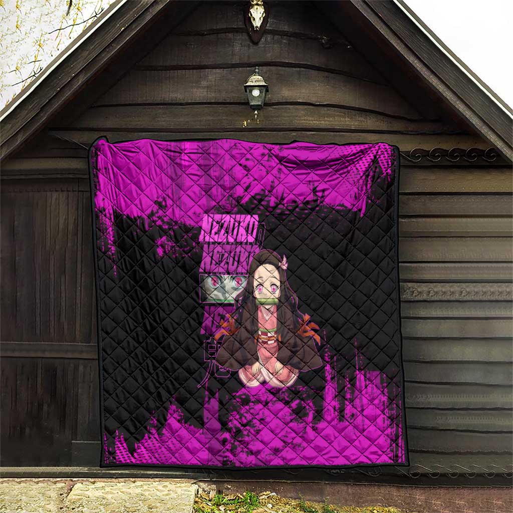 Nezuko Kamado Demon Slayer Pink Grunge Design Quilt with Fierce Eyes and Cute Sitting Pose - The Mazicc
