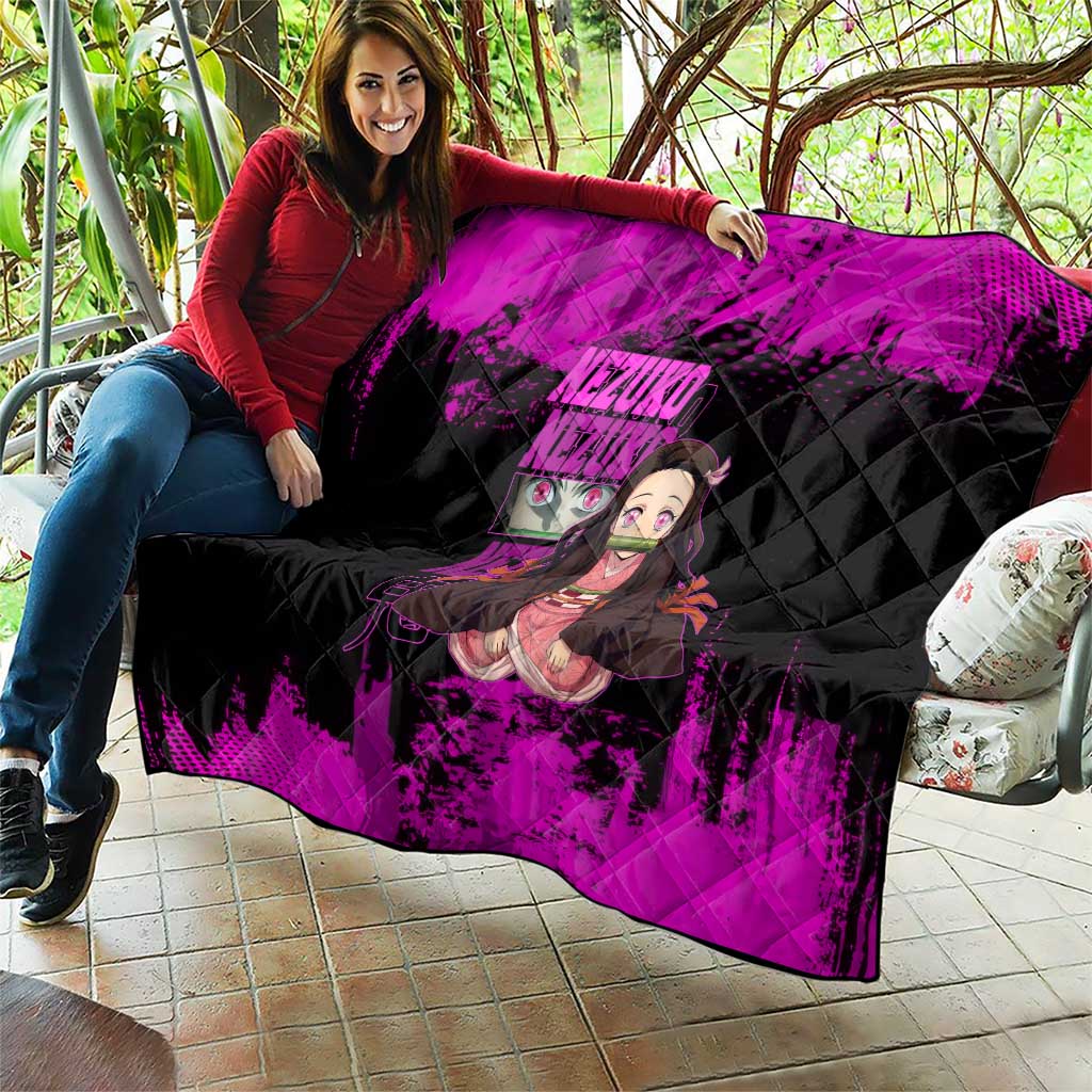 Nezuko Kamado Demon Slayer Pink Grunge Design Quilt with Fierce Eyes and Cute Sitting Pose - The Mazicc