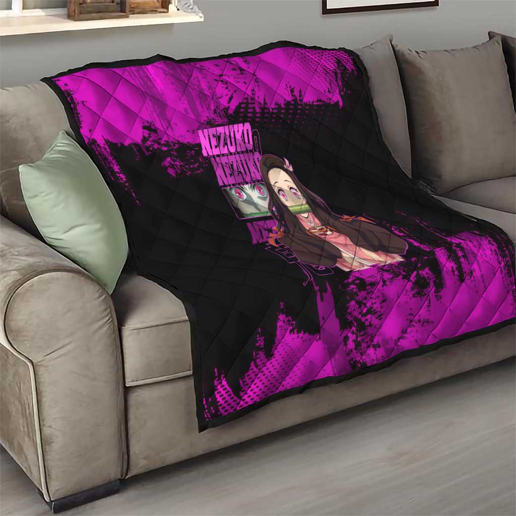 Nezuko Kamado Demon Slayer Pink Grunge Design Quilt with Fierce Eyes and Cute Sitting Pose - The Mazicc