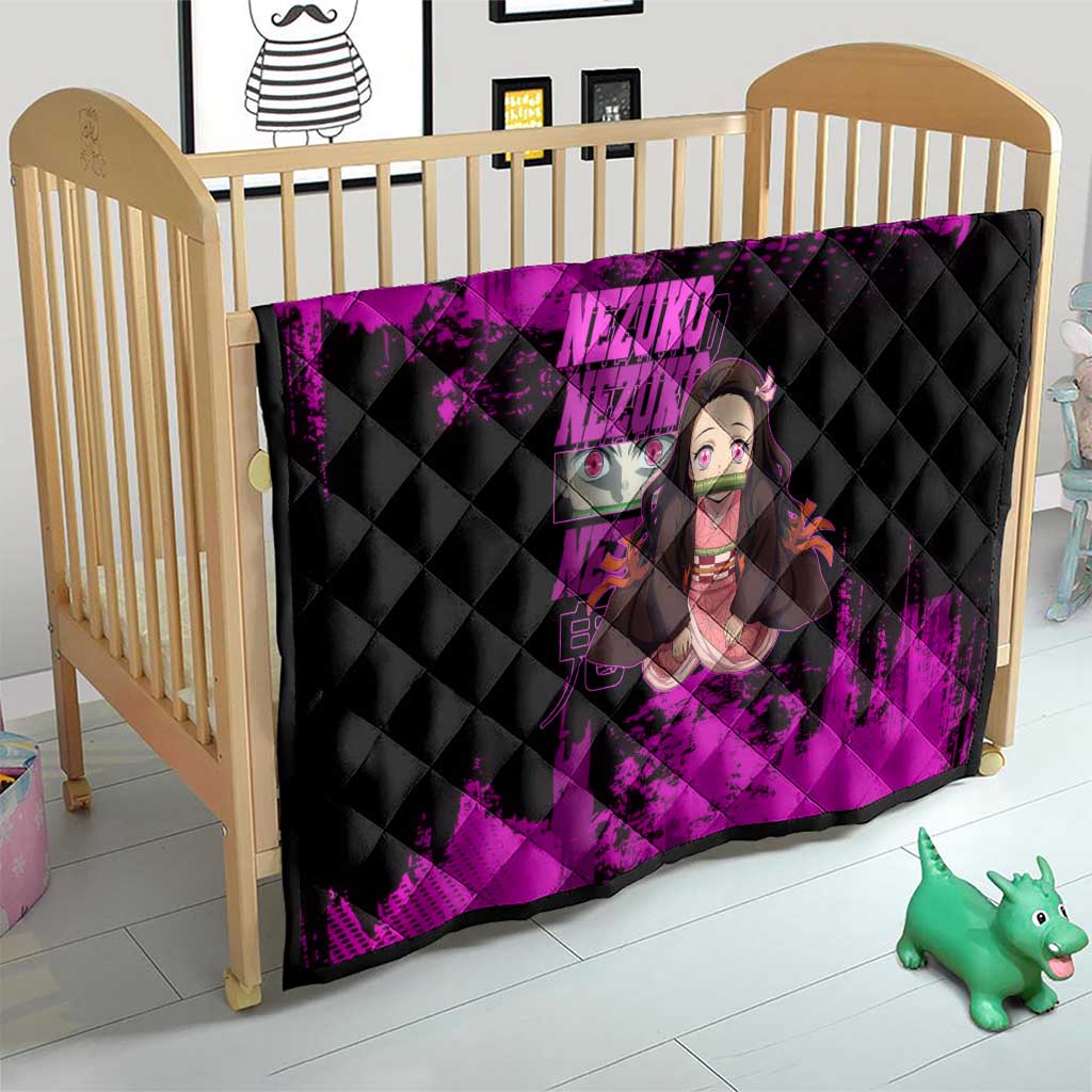Nezuko Kamado Demon Slayer Pink Grunge Design Quilt with Fierce Eyes and Cute Sitting Pose - The Mazicc