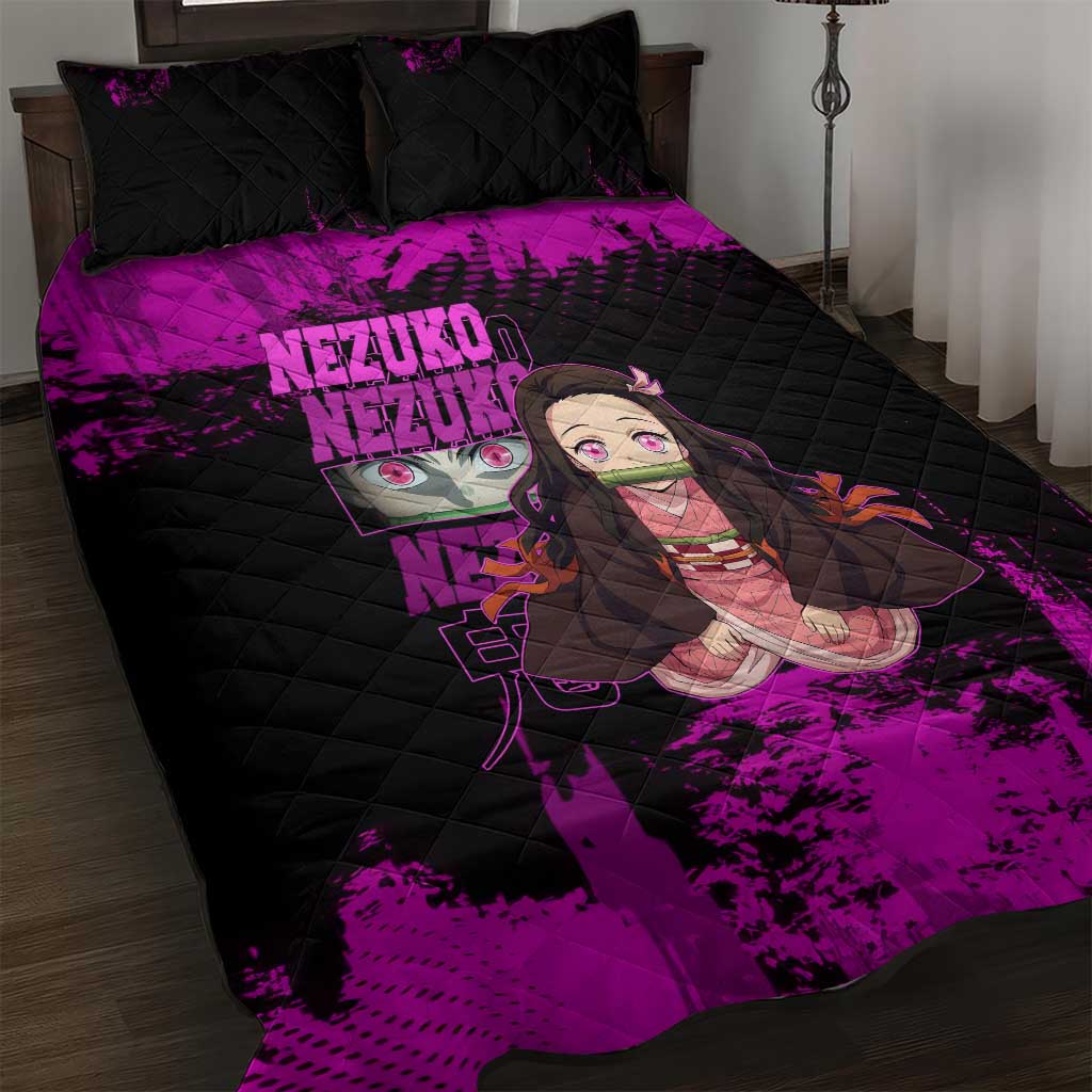Nezuko Kamado Demon Slayer Pink Grunge Design Quilt Bed Set with Fierce Eyes and Cute Sitting Pose - The Mazicc