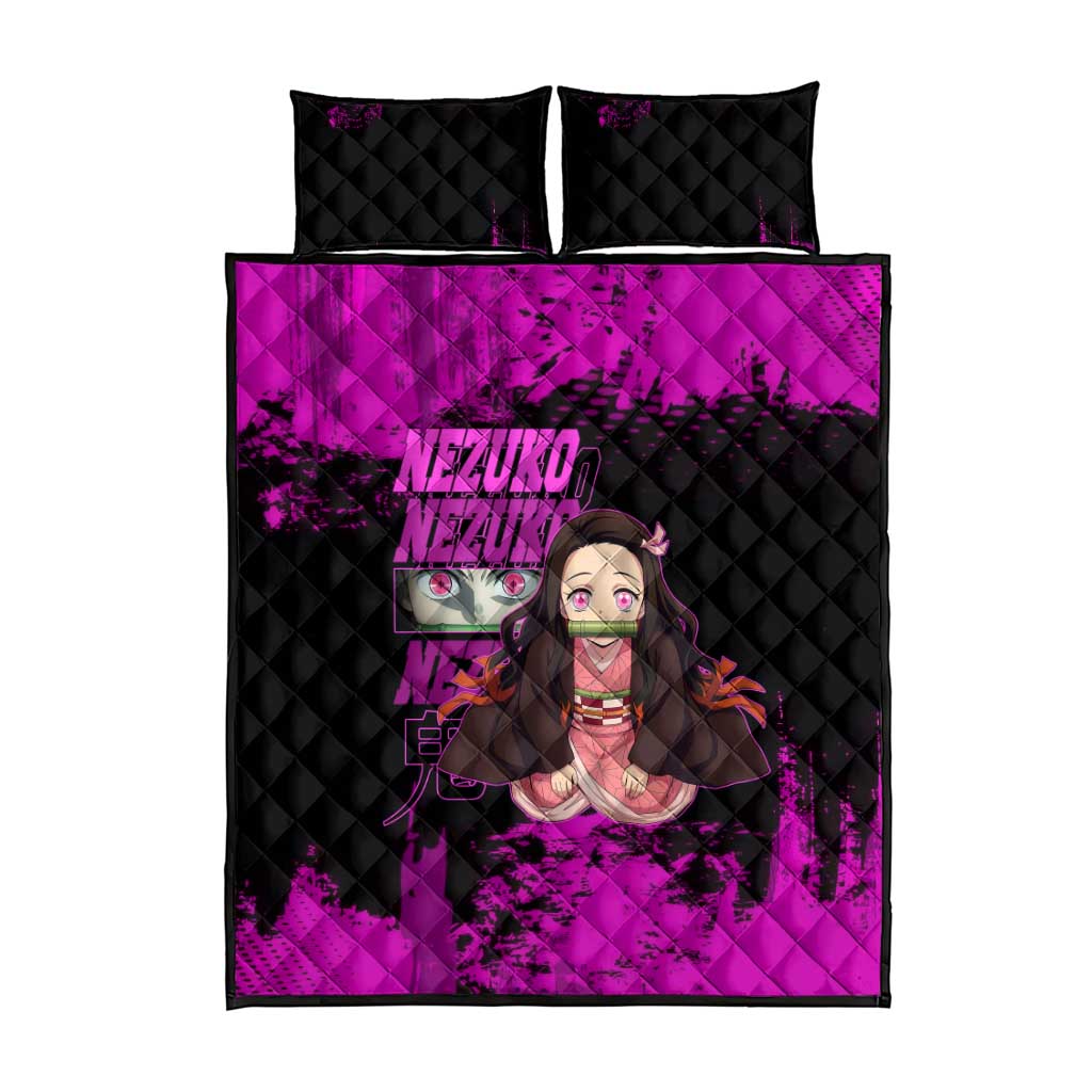 Nezuko Kamado Demon Slayer Pink Grunge Design Quilt Bed Set with Fierce Eyes and Cute Sitting Pose - The Mazicc