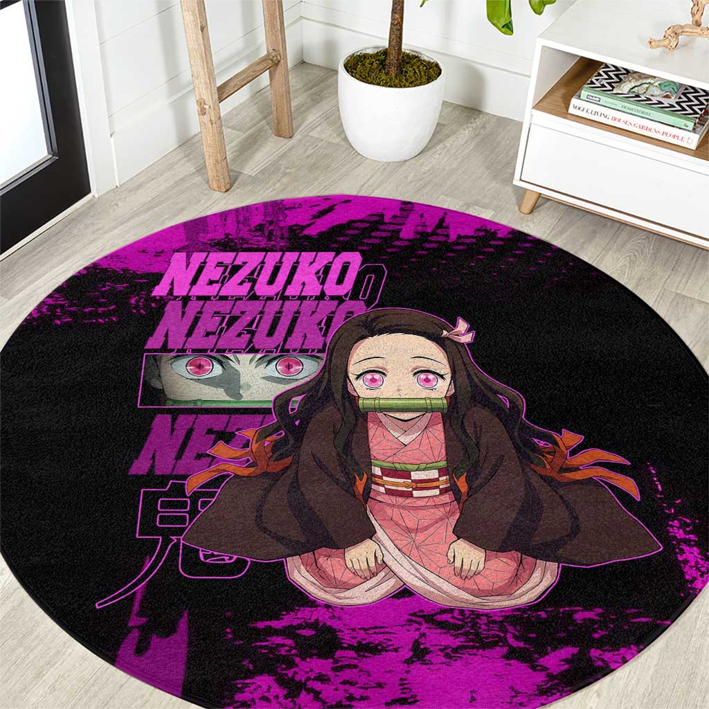 Nezuko Kamado Demon Slayer Pink Grunge Design Round Carpet with Fierce Eyes and Cute Sitting Pose - The Mazicc